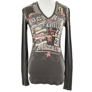 Skinny Mini womens top size S gray brown graffiti hooded vintage y2k emo